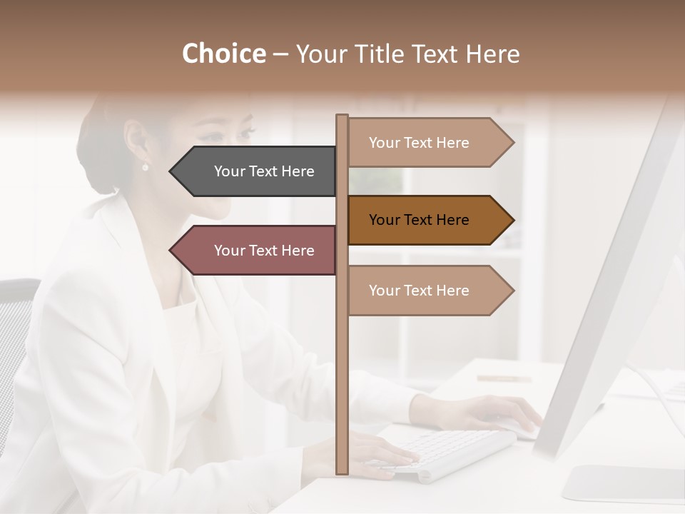 A Woman Sitting At A Desk Using A Computer PowerPoint Template