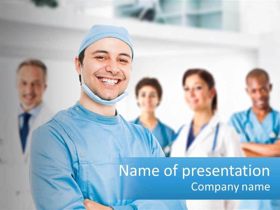 A Man In Scrubs Standing In Front Of A Group Of Doctors PowerPoint Template