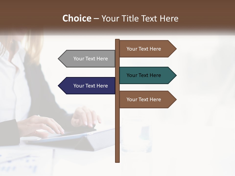 A Woman Sitting At A Table Using A Tablet Computer PowerPoint Template