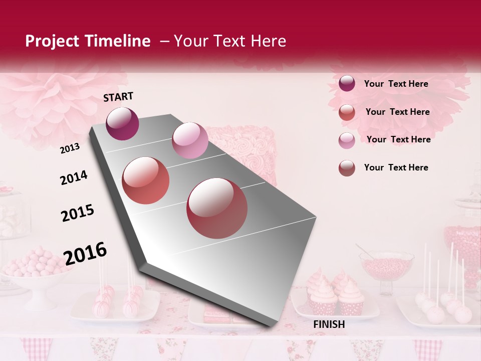 A Table Topped With A Cake Covered In Pink Flowers PowerPoint Template