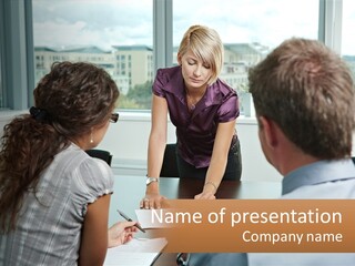 A Woman Sitting At A Table In Front Of A Man PowerPoint Template