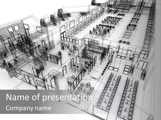 A Large Group Of Tables And Chairs In A Room PowerPoint Template