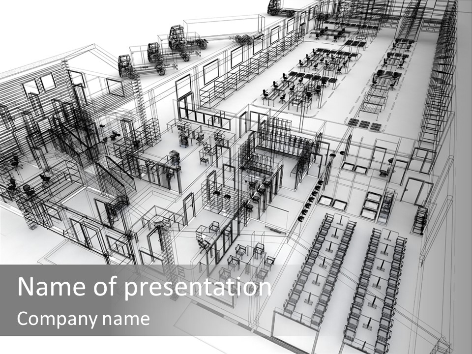 A Large Group Of Tables And Chairs In A Room PowerPoint Template