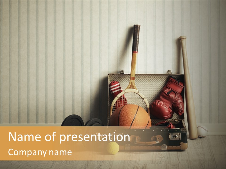 A Tennis Racket, Ball, Glove And Other Sports Equipment On A Wooden Floor PowerPoint Template