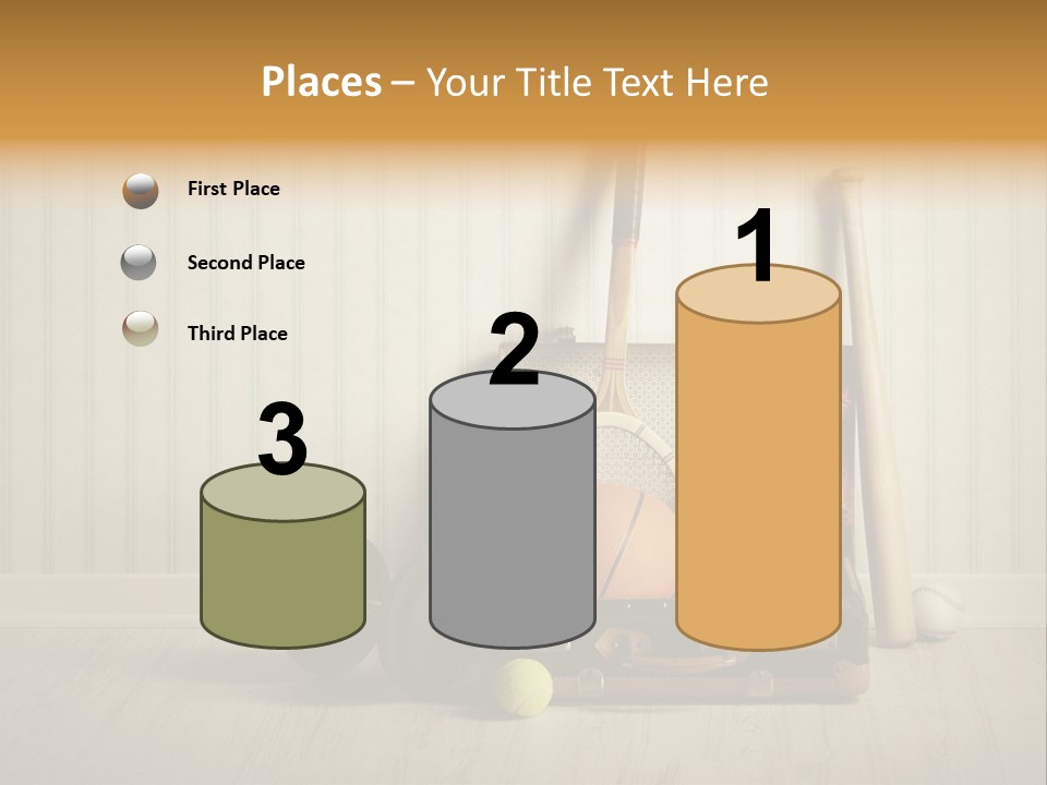 A Tennis Racket, Ball, Glove And Other Sports Equipment On A Wooden Floor PowerPoint Template