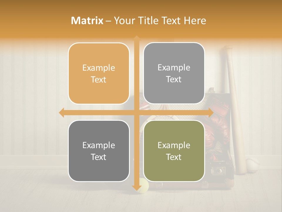 A Tennis Racket, Ball, Glove And Other Sports Equipment On A Wooden Floor PowerPoint Template