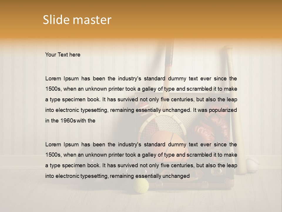 A Tennis Racket, Ball, Glove And Other Sports Equipment On A Wooden Floor PowerPoint Template