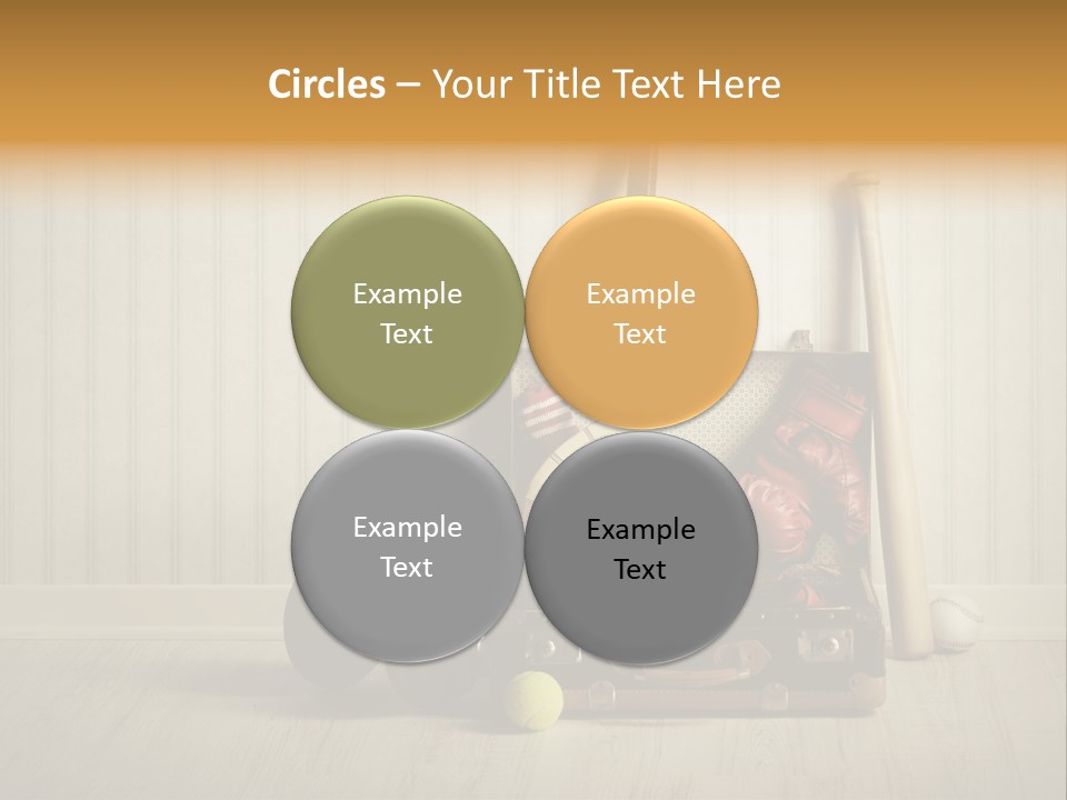 A Tennis Racket, Ball, Glove And Other Sports Equipment On A Wooden Floor PowerPoint Template