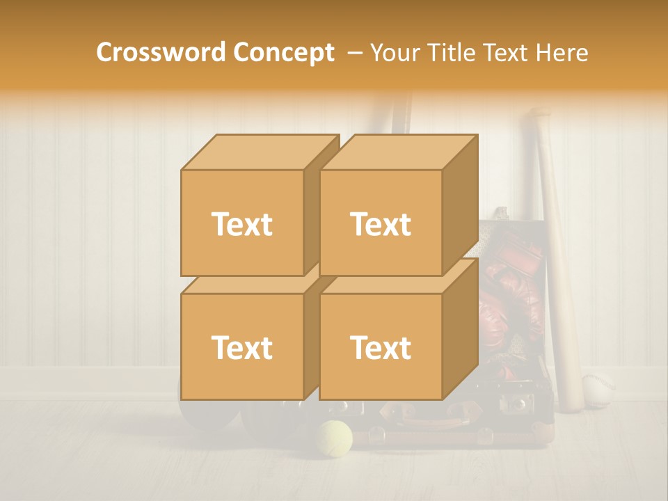 A Tennis Racket, Ball, Glove And Other Sports Equipment On A Wooden Floor PowerPoint Template