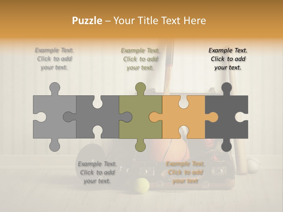 A Tennis Racket, Ball, Glove And Other Sports Equipment On A Wooden Floor PowerPoint Template