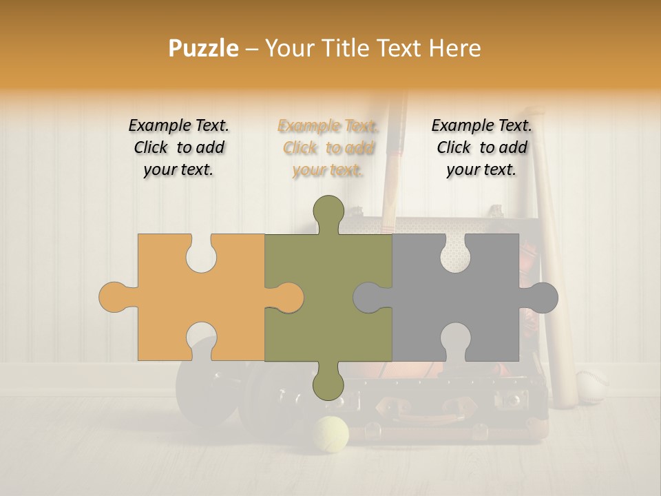 A Tennis Racket, Ball, Glove And Other Sports Equipment On A Wooden Floor PowerPoint Template