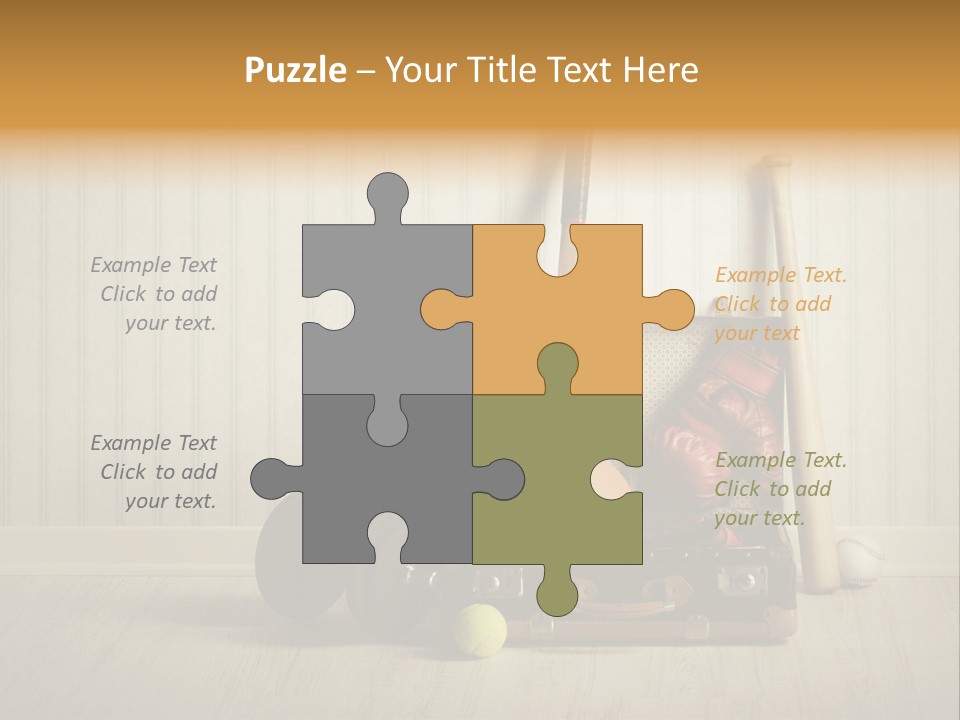 A Tennis Racket, Ball, Glove And Other Sports Equipment On A Wooden Floor PowerPoint Template