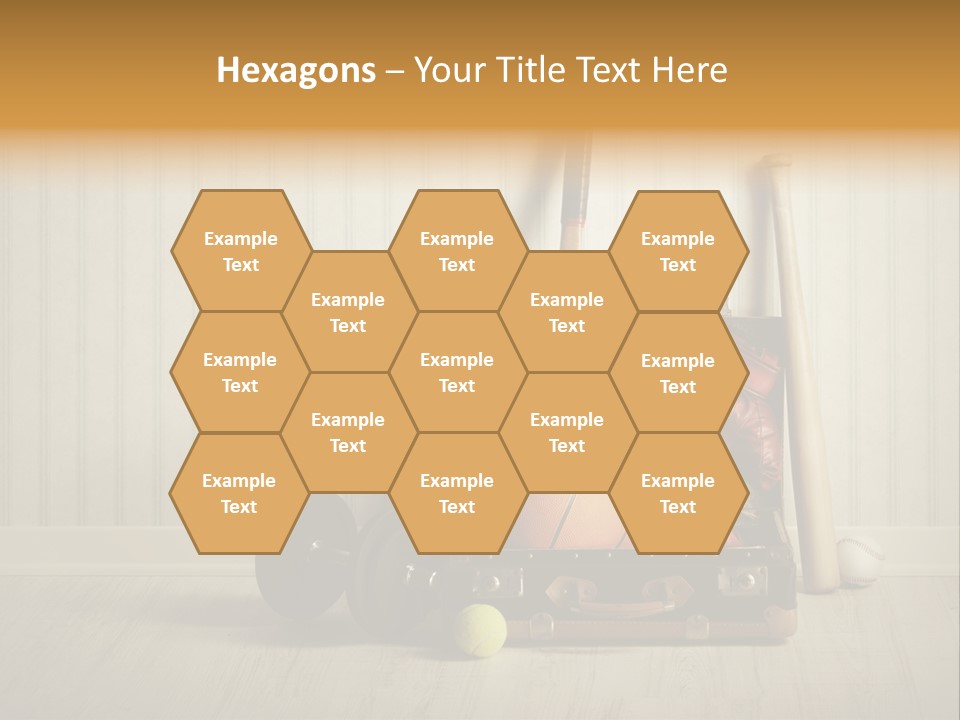 A Tennis Racket, Ball, Glove And Other Sports Equipment On A Wooden Floor PowerPoint Template