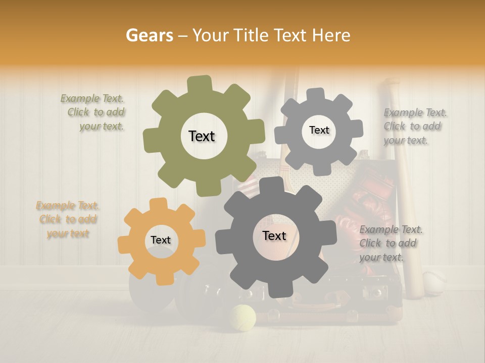 A Tennis Racket, Ball, Glove And Other Sports Equipment On A Wooden Floor PowerPoint Template