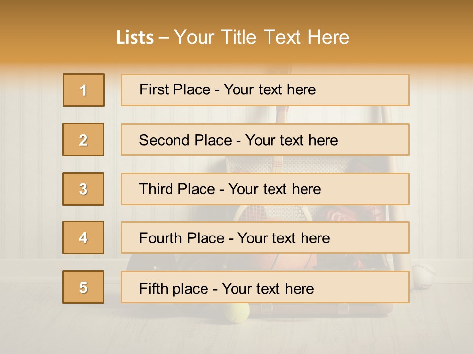 A Tennis Racket, Ball, Glove And Other Sports Equipment On A Wooden Floor PowerPoint Template