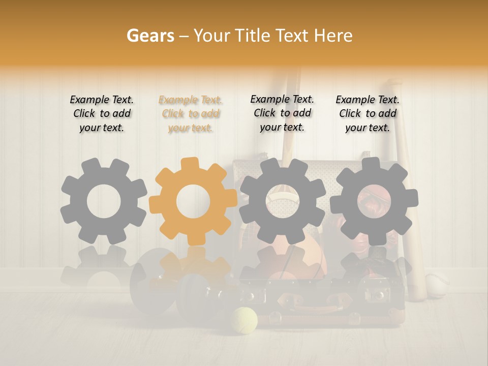 A Tennis Racket, Ball, Glove And Other Sports Equipment On A Wooden Floor PowerPoint Template