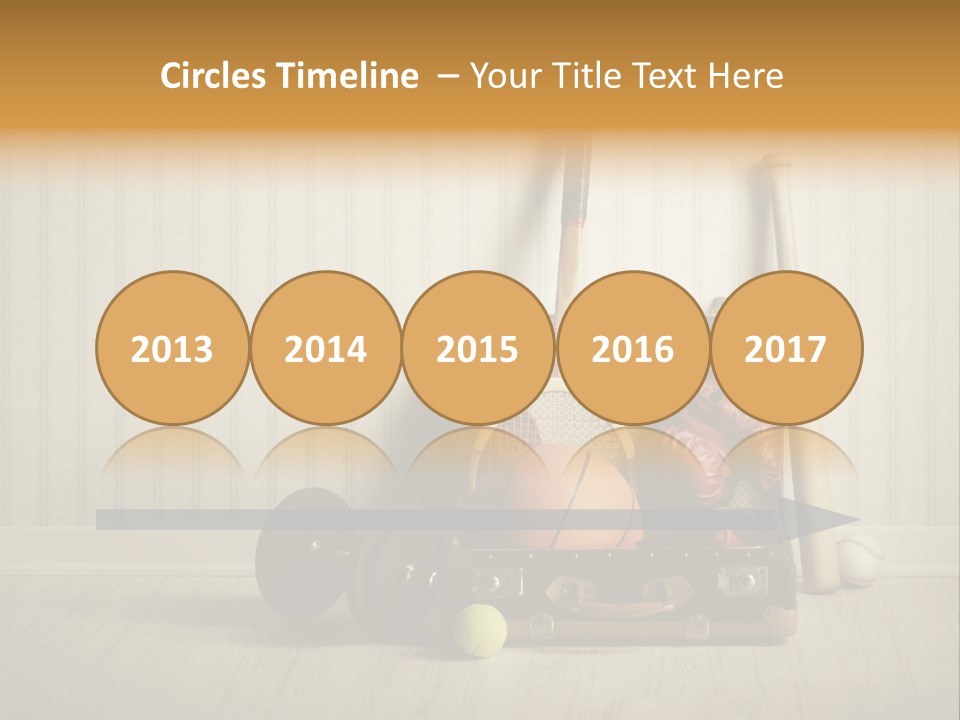 A Tennis Racket, Ball, Glove And Other Sports Equipment On A Wooden Floor PowerPoint Template