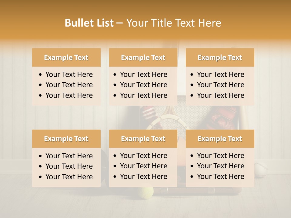 A Tennis Racket, Ball, Glove And Other Sports Equipment On A Wooden Floor PowerPoint Template