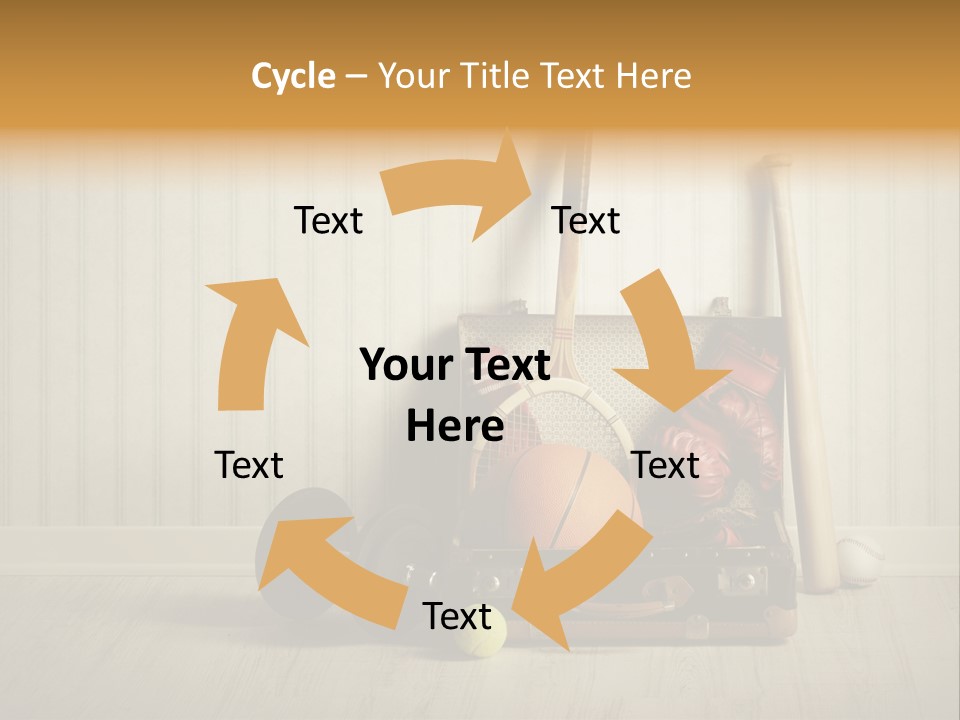 A Tennis Racket, Ball, Glove And Other Sports Equipment On A Wooden Floor PowerPoint Template