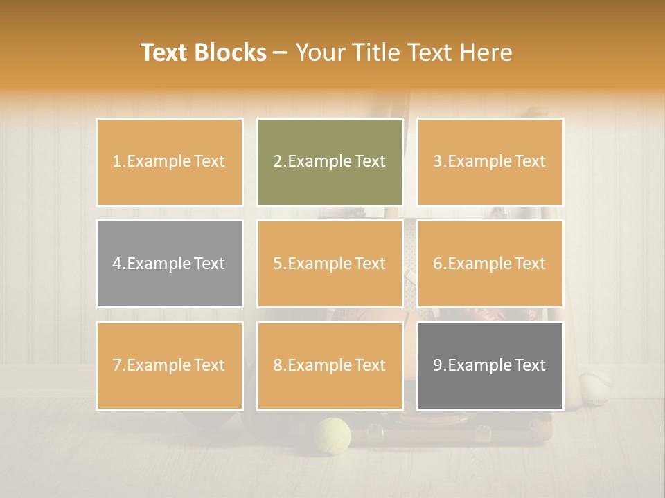 A Tennis Racket, Ball, Glove And Other Sports Equipment On A Wooden Floor PowerPoint Template