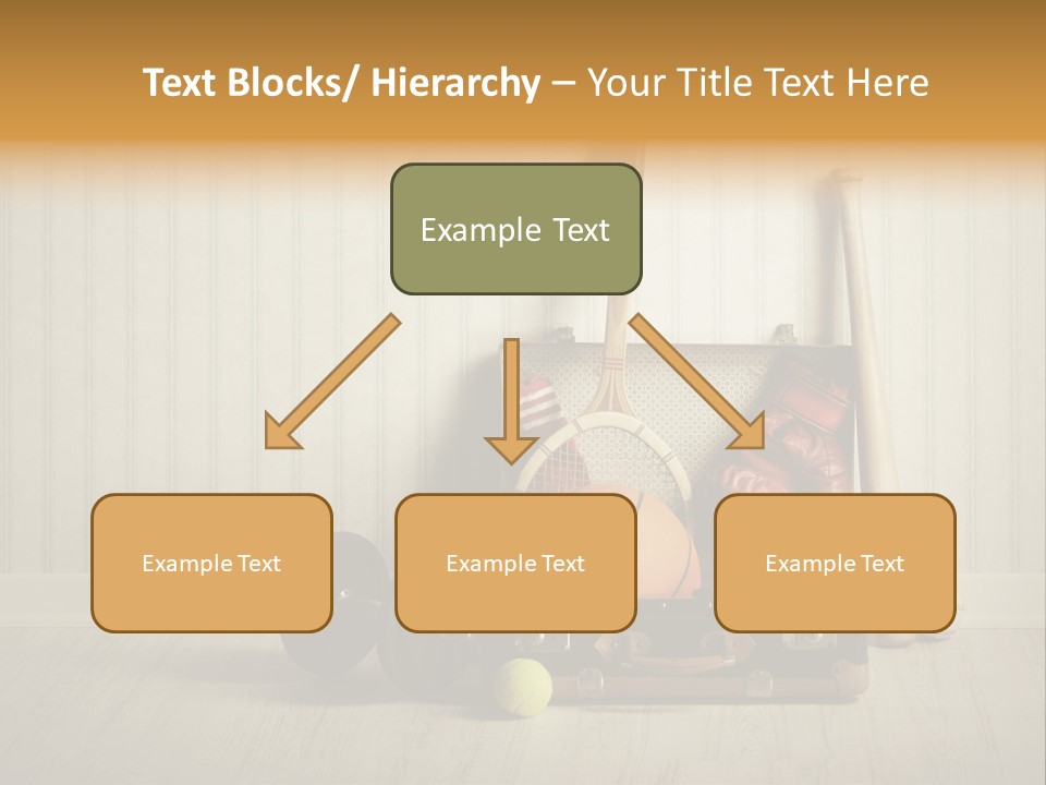 A Tennis Racket, Ball, Glove And Other Sports Equipment On A Wooden Floor PowerPoint Template