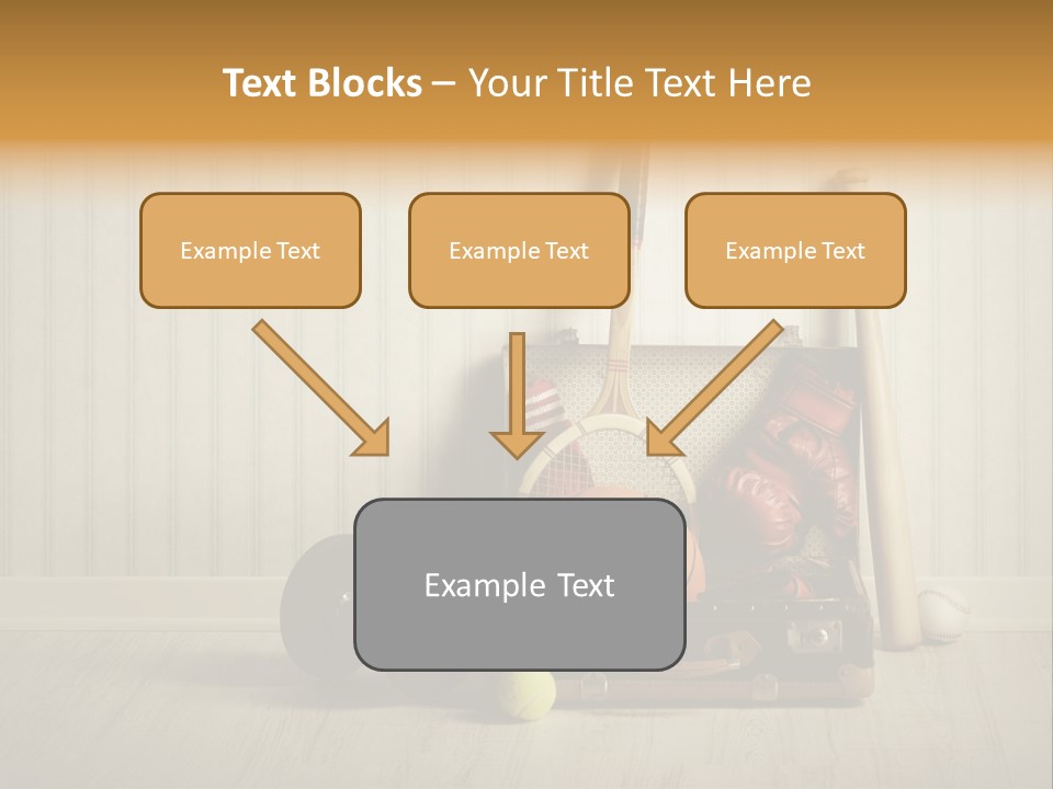 A Tennis Racket, Ball, Glove And Other Sports Equipment On A Wooden Floor PowerPoint Template