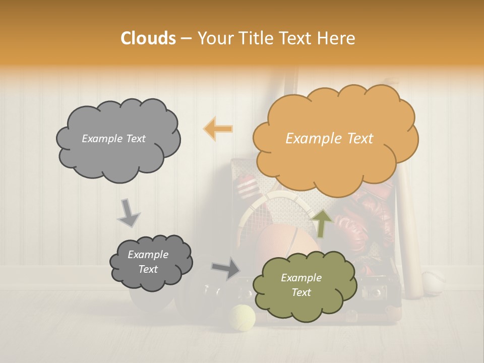 A Tennis Racket, Ball, Glove And Other Sports Equipment On A Wooden Floor PowerPoint Template