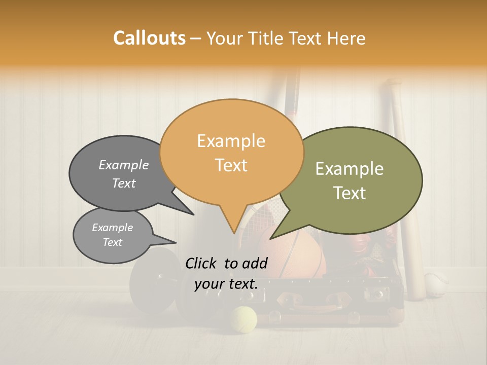 A Tennis Racket, Ball, Glove And Other Sports Equipment On A Wooden Floor PowerPoint Template