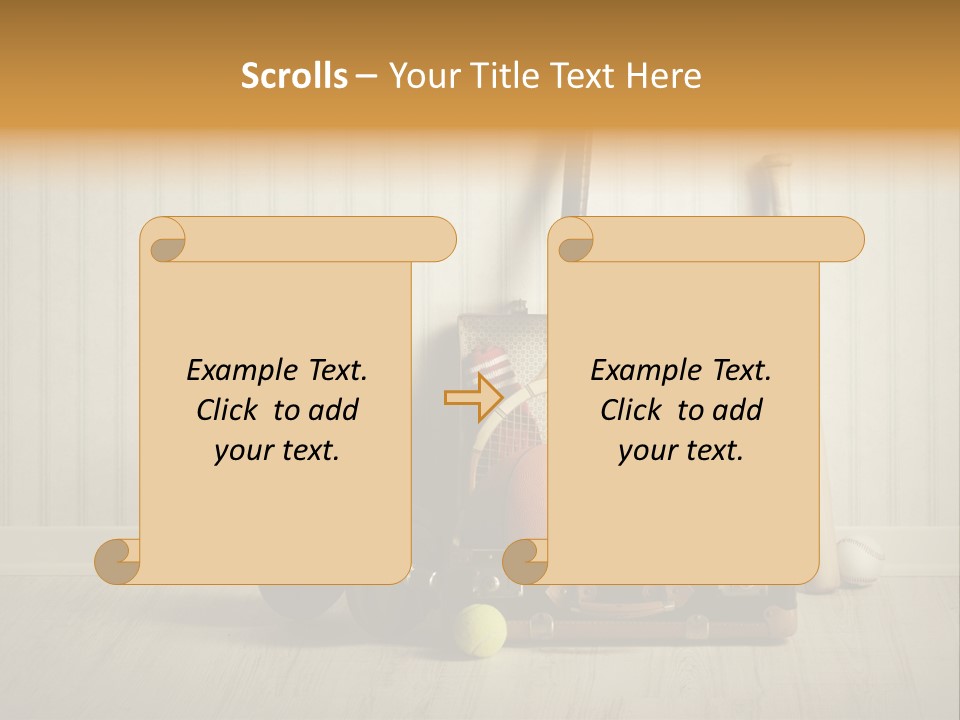A Tennis Racket, Ball, Glove And Other Sports Equipment On A Wooden Floor PowerPoint Template