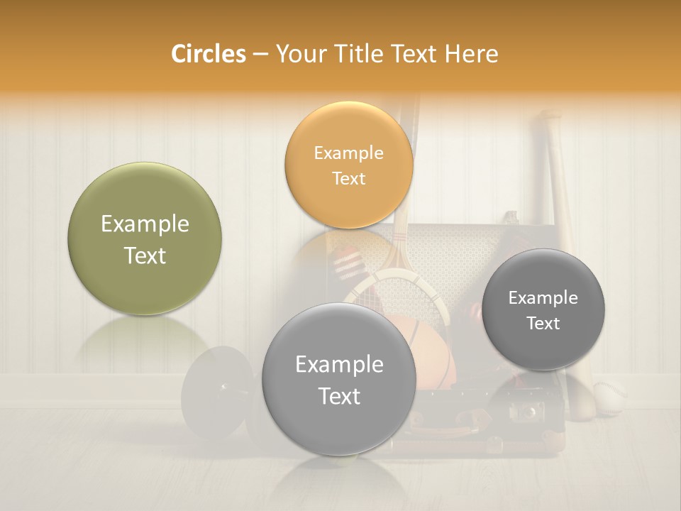 A Tennis Racket, Ball, Glove And Other Sports Equipment On A Wooden Floor PowerPoint Template