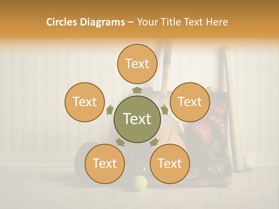 A Tennis Racket, Ball, Glove And Other Sports Equipment On A Wooden Floor PowerPoint Template