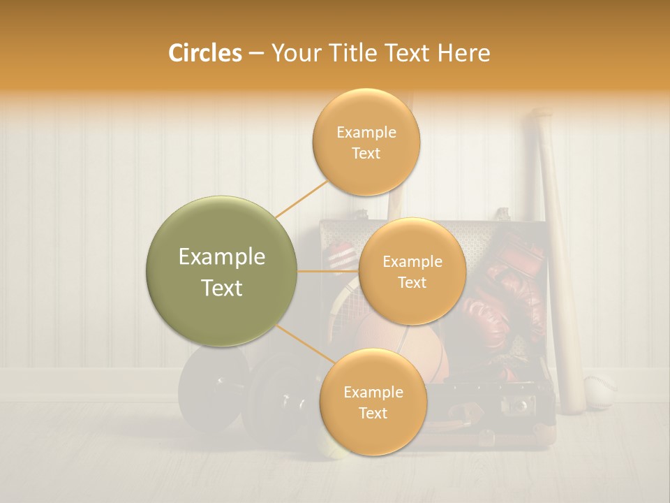 A Tennis Racket, Ball, Glove And Other Sports Equipment On A Wooden Floor PowerPoint Template