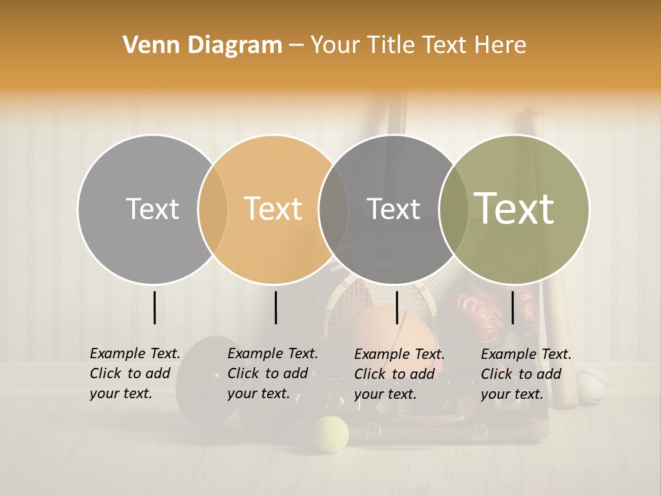 A Tennis Racket, Ball, Glove And Other Sports Equipment On A Wooden Floor PowerPoint Template