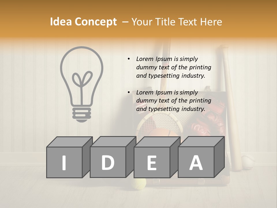 A Tennis Racket, Ball, Glove And Other Sports Equipment On A Wooden Floor PowerPoint Template