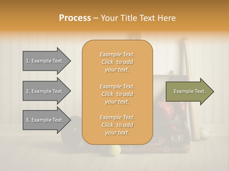 A Tennis Racket, Ball, Glove And Other Sports Equipment On A Wooden Floor PowerPoint Template