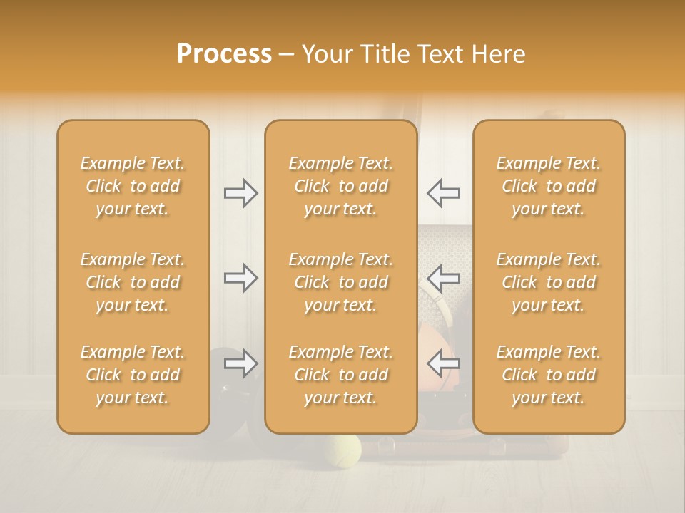 A Tennis Racket, Ball, Glove And Other Sports Equipment On A Wooden Floor PowerPoint Template