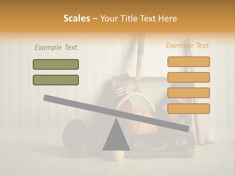 A Tennis Racket, Ball, Glove And Other Sports Equipment On A Wooden Floor PowerPoint Template