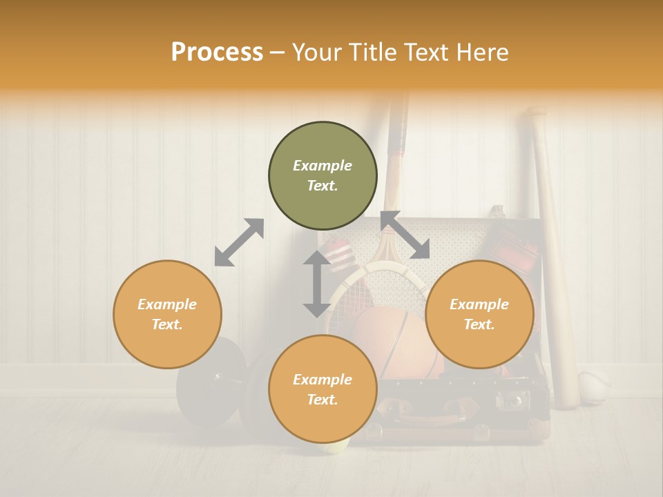 A Tennis Racket, Ball, Glove And Other Sports Equipment On A Wooden Floor PowerPoint Template