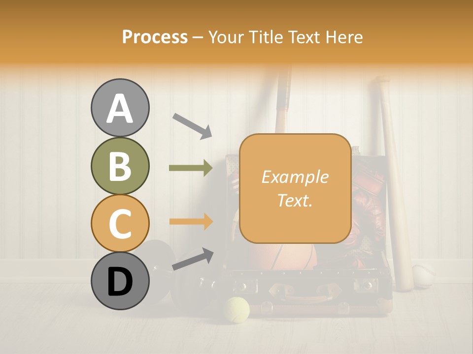 A Tennis Racket, Ball, Glove And Other Sports Equipment On A Wooden Floor PowerPoint Template