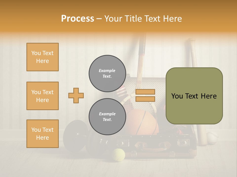 A Tennis Racket, Ball, Glove And Other Sports Equipment On A Wooden Floor PowerPoint Template