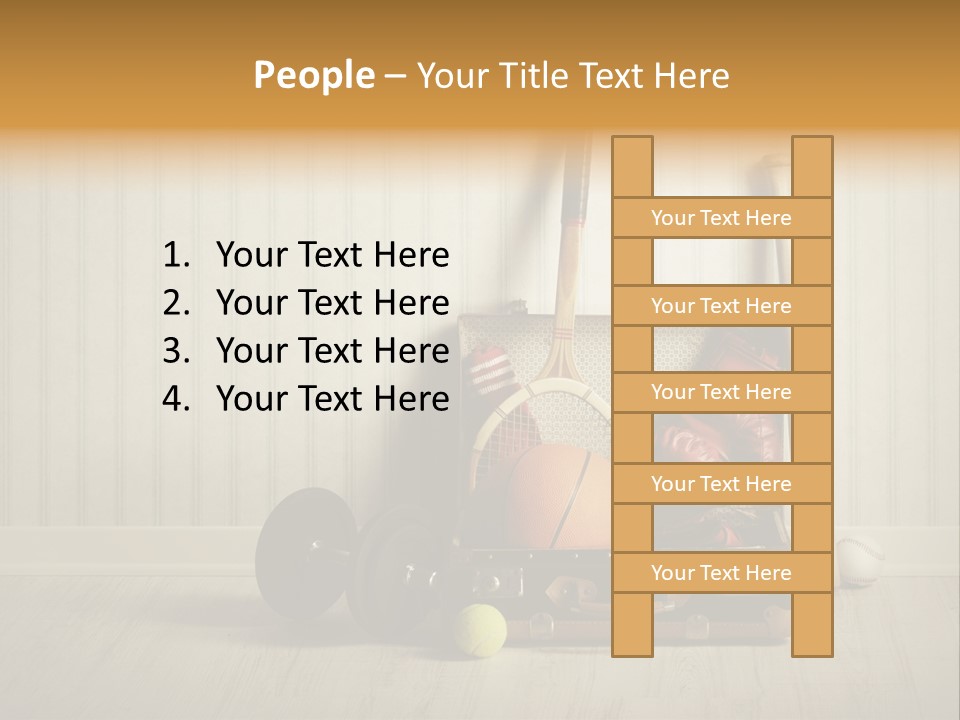 A Tennis Racket, Ball, Glove And Other Sports Equipment On A Wooden Floor PowerPoint Template