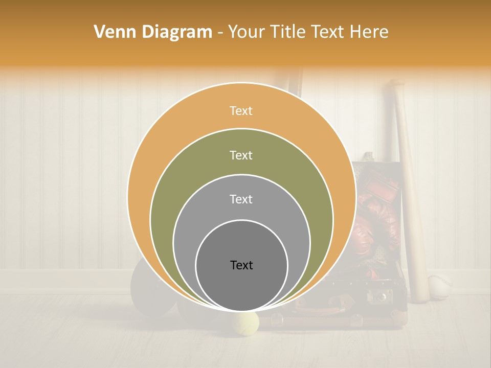 A Tennis Racket, Ball, Glove And Other Sports Equipment On A Wooden Floor PowerPoint Template