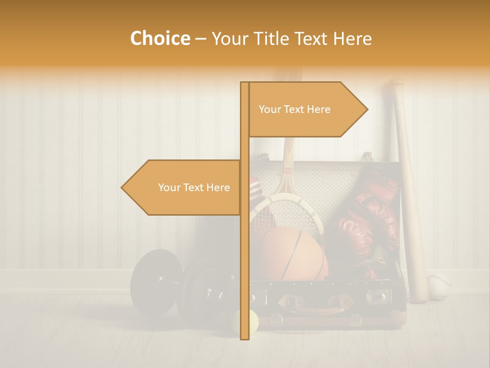 A Tennis Racket, Ball, Glove And Other Sports Equipment On A Wooden Floor PowerPoint Template