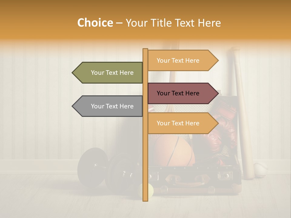 A Tennis Racket, Ball, Glove And Other Sports Equipment On A Wooden Floor PowerPoint Template