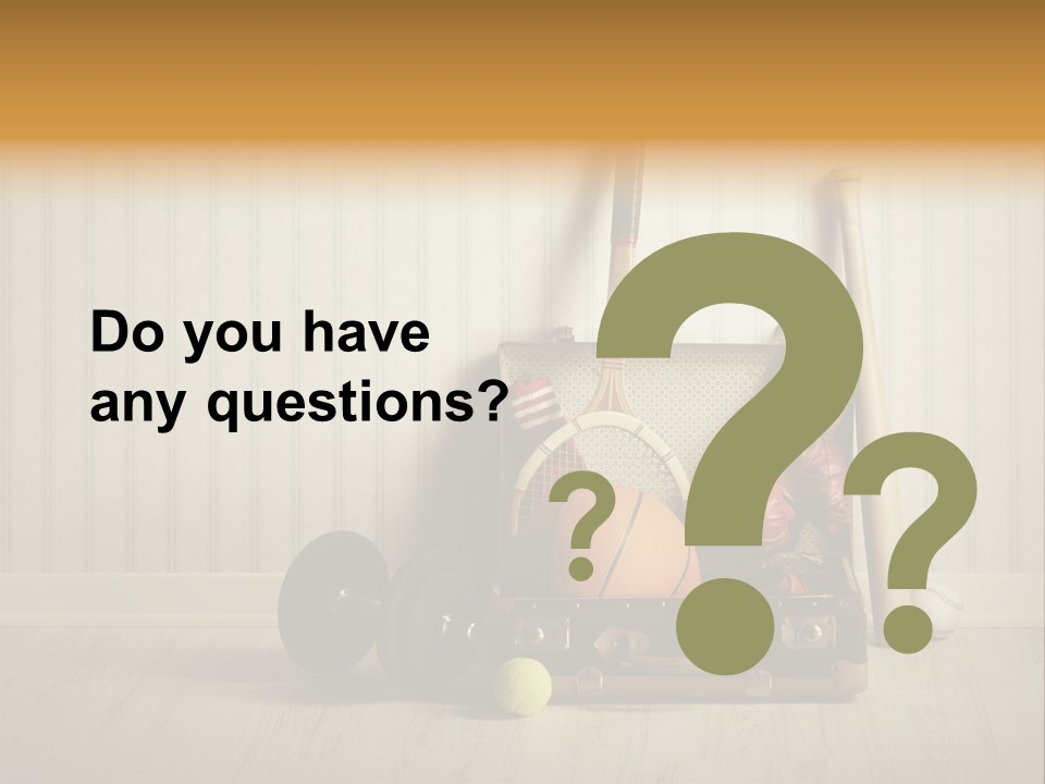 A Tennis Racket, Ball, Glove And Other Sports Equipment On A Wooden Floor PowerPoint Template