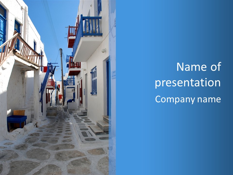 A Narrow Street With White Buildings And Blue Shutters PowerPoint Template