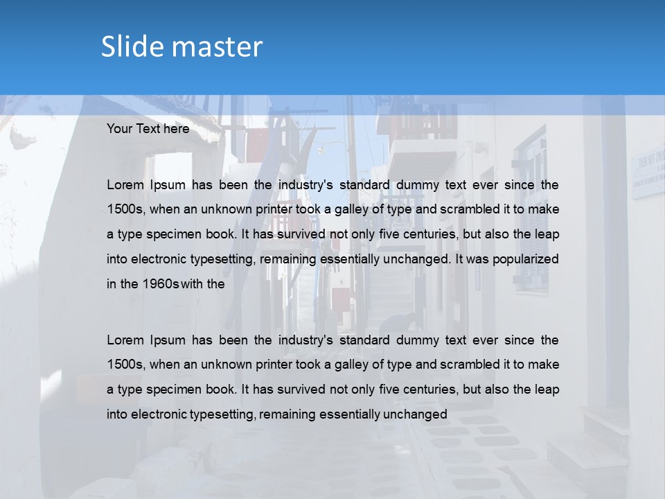 A Narrow Street With White Buildings And Blue Shutters PowerPoint Template