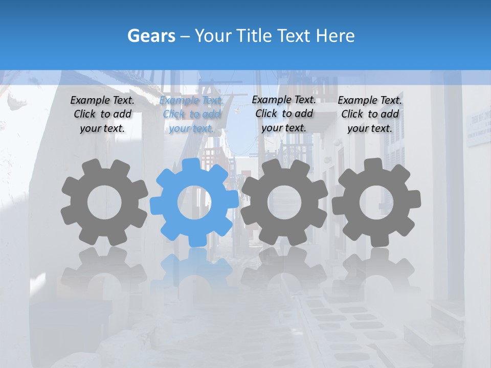 A Narrow Street With White Buildings And Blue Shutters PowerPoint Template