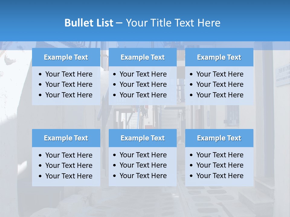 A Narrow Street With White Buildings And Blue Shutters PowerPoint Template