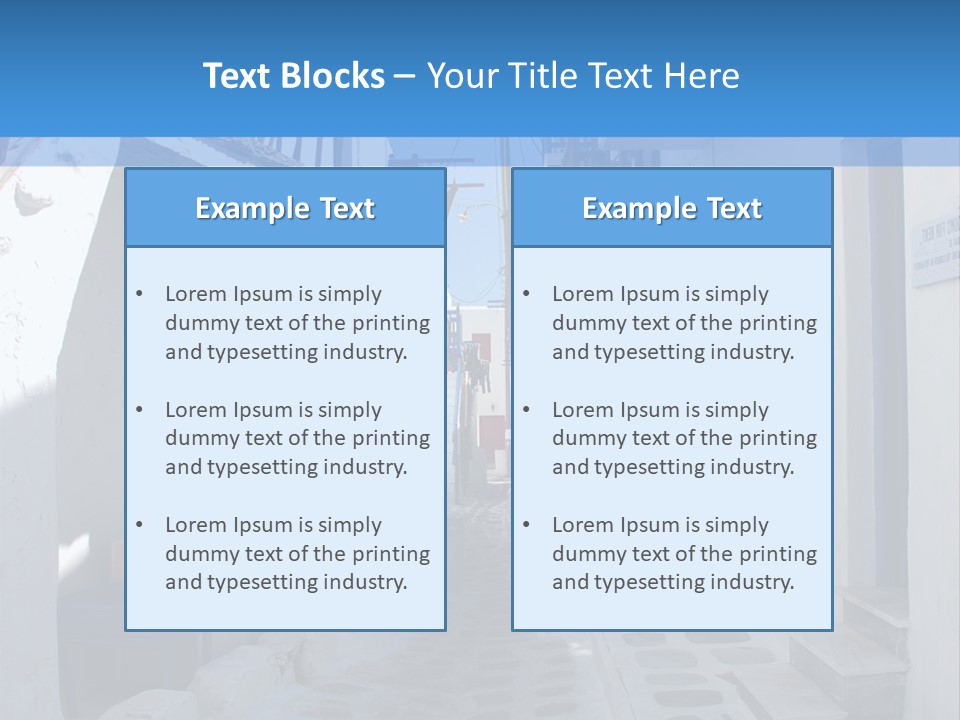 A Narrow Street With White Buildings And Blue Shutters PowerPoint Template